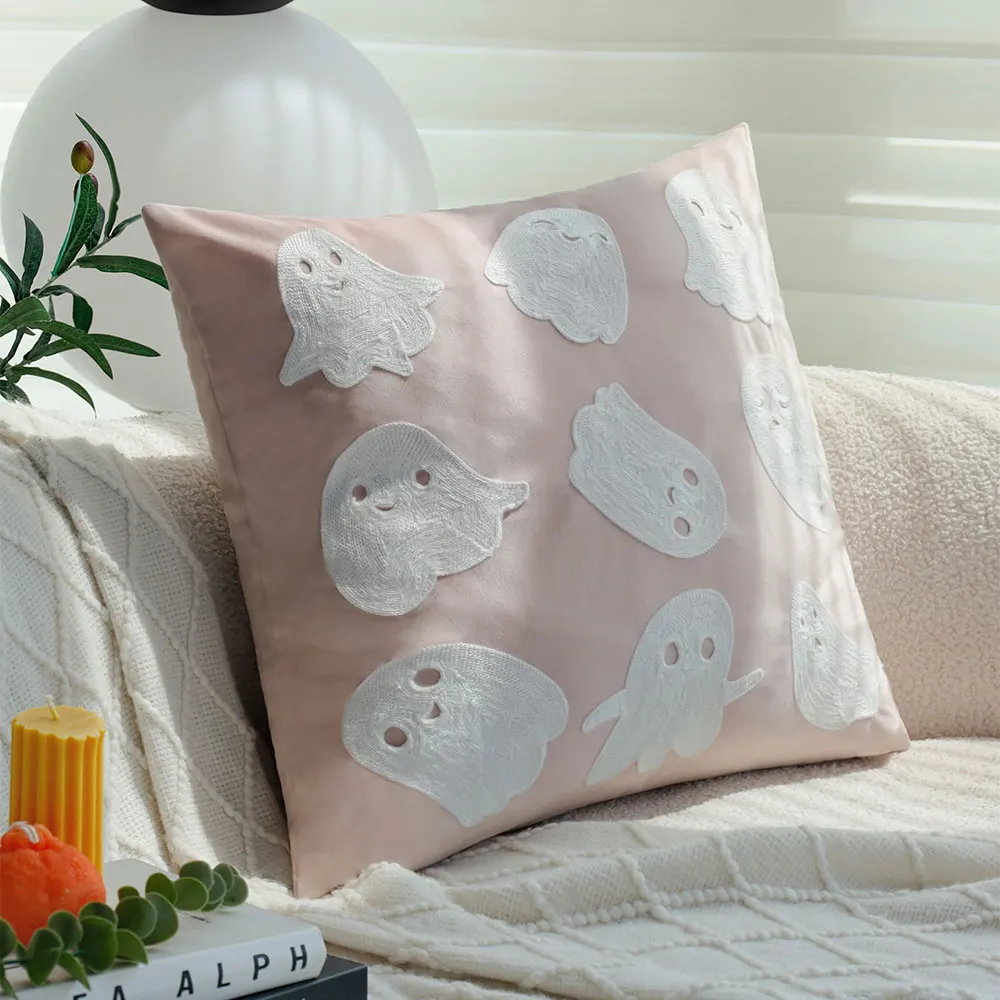 Pink Cute Little Ghost Halloween Embroidery Decorative Cushion Cover  Festival Home Decor Living Room Sofa Throw Pillow Cover