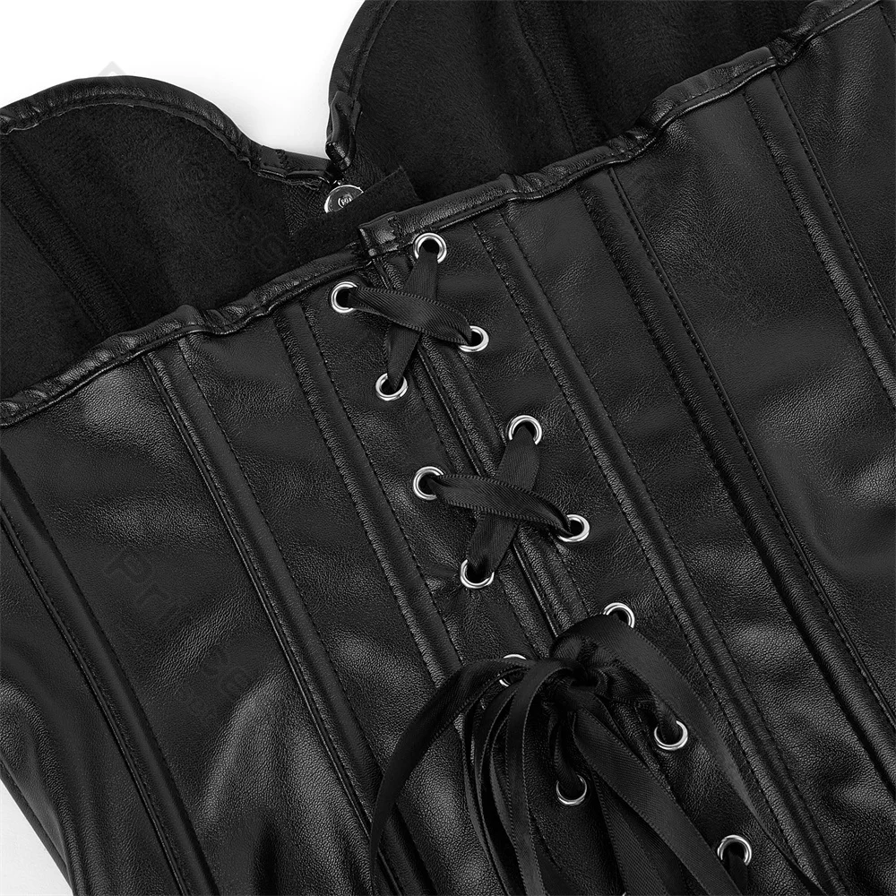 여성용 가짜 가죽 코르셋 플러스 사이즈 고딕 코르셋 Bustier Black Goth Costume Steampunk 코르셋 탑 Overbust 섹시한 가죽 탑