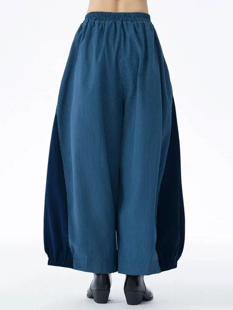 High Elastic Waist Blue Striped Color-block Wide Leg Pants New Trousers Women Fashion Tide Spring Autumn