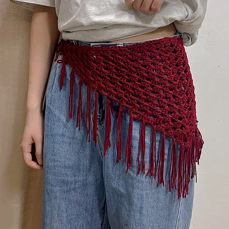 Y2K Hollow-Out Fringe Triangle Scarf For Women Spring Adjustable Layering Accessory Versatile Waist Hip Wrap Fashion Bandana