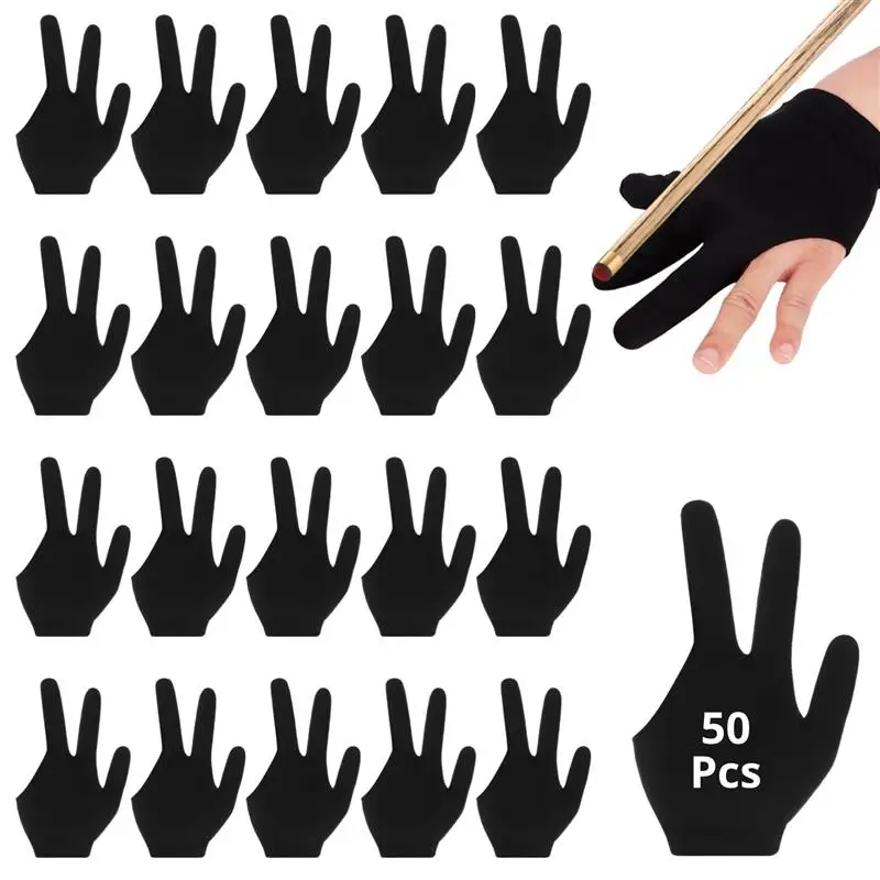 50Pcs Billiards Gloves 3 Fingers Pool Gloves Left Right Hand Cue Gloves Black Breathable Gloves Universal Elastic Sport Gloves