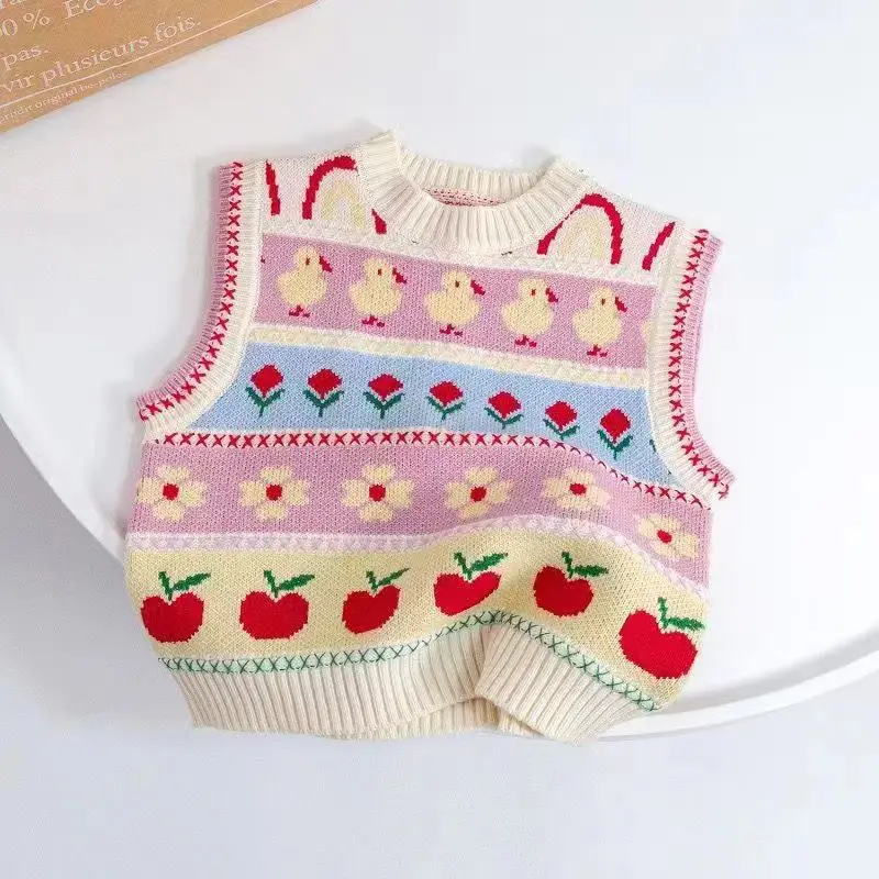 Cute Baby Girls Knitted Vest Spring Autumn Cartoon Striped Sleeveless Pullover Sweaters Kids Girl Waistcoat Children Clothes