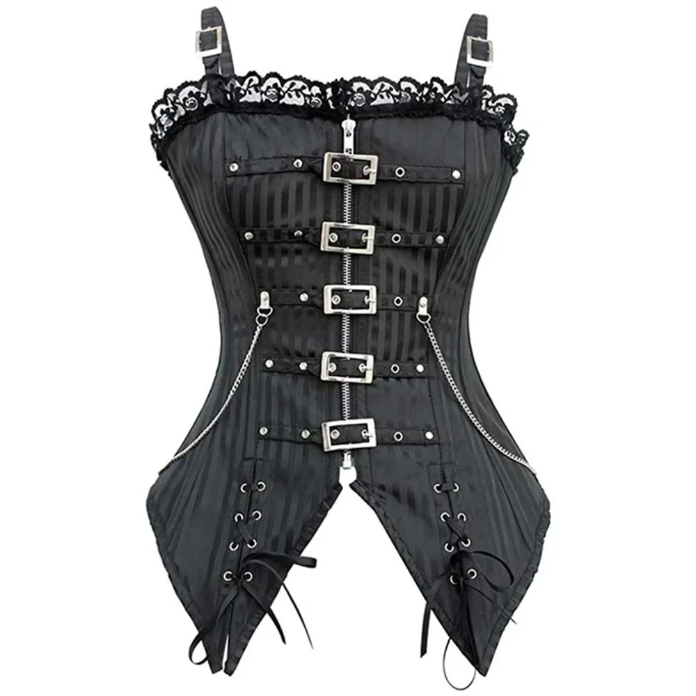 Overbust Corset ผู้หญิงเซ็กซี่ Gothic Corselet ลายซิป Buckled Steampunk Bustier Top Vest Punk Rock สไตล์เสื้อผ้า