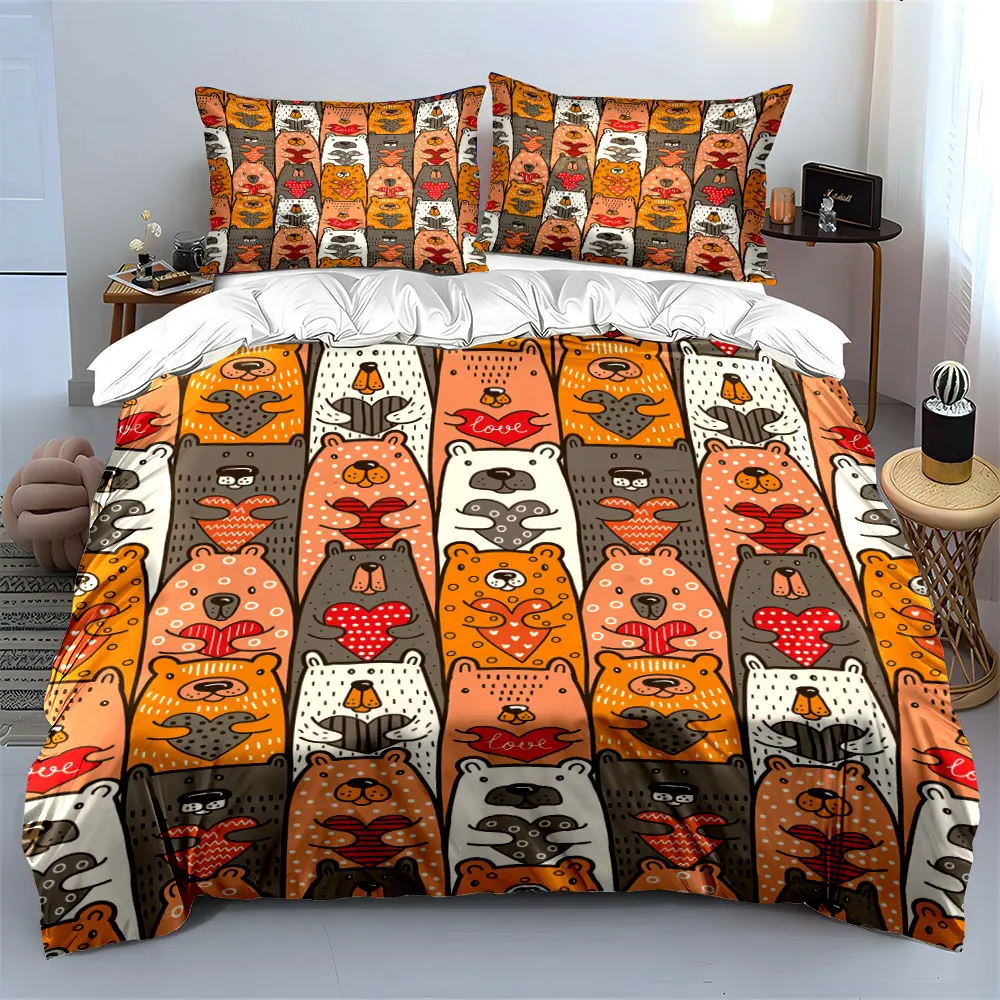 Cartoon bears with heart patterns Bedding Set for Kids Luxury Gift 3pcs Digital Print Comforter Set Soft Comfortable Breathable