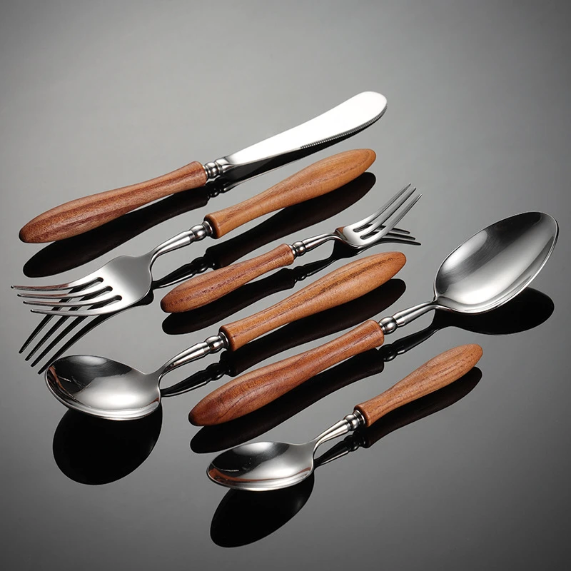 Toon Wood Stainless Steel Tableware Cutlery Dining Set Natural Kitchen Utensils Sliver Fork Tea Spoon Kinfe of Dishes for Dinner