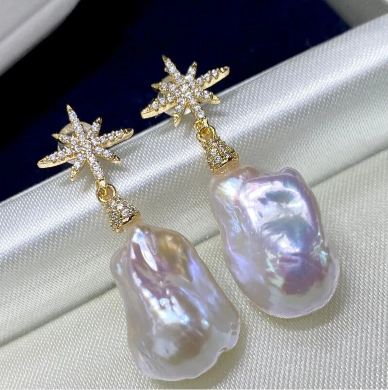 

giant AAAA 15-20mm South China Sea white Baroque pearl earrings 925s