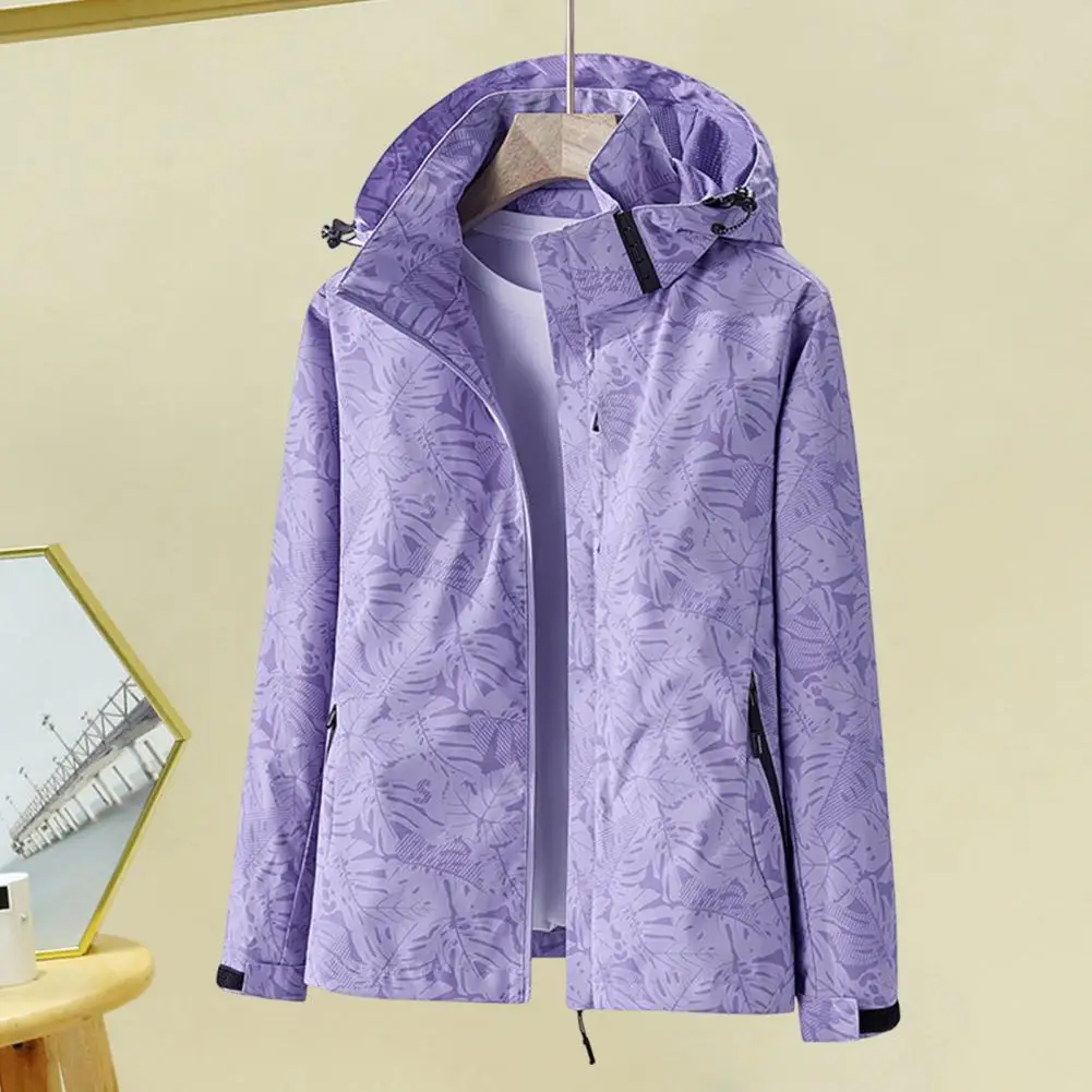 

Long Sleeve Jacket Maple Leaves Print Women's Jacket with Detachable Hood Pockets Casual Coat Outwear for Long Sleeve Zipper