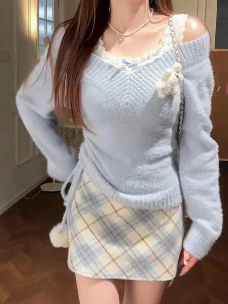 

Blue Tied Waist Set 2025 Fall Parisian Cute Two-Piece Outfit Sweet Stylish Midi Dress with Sweater