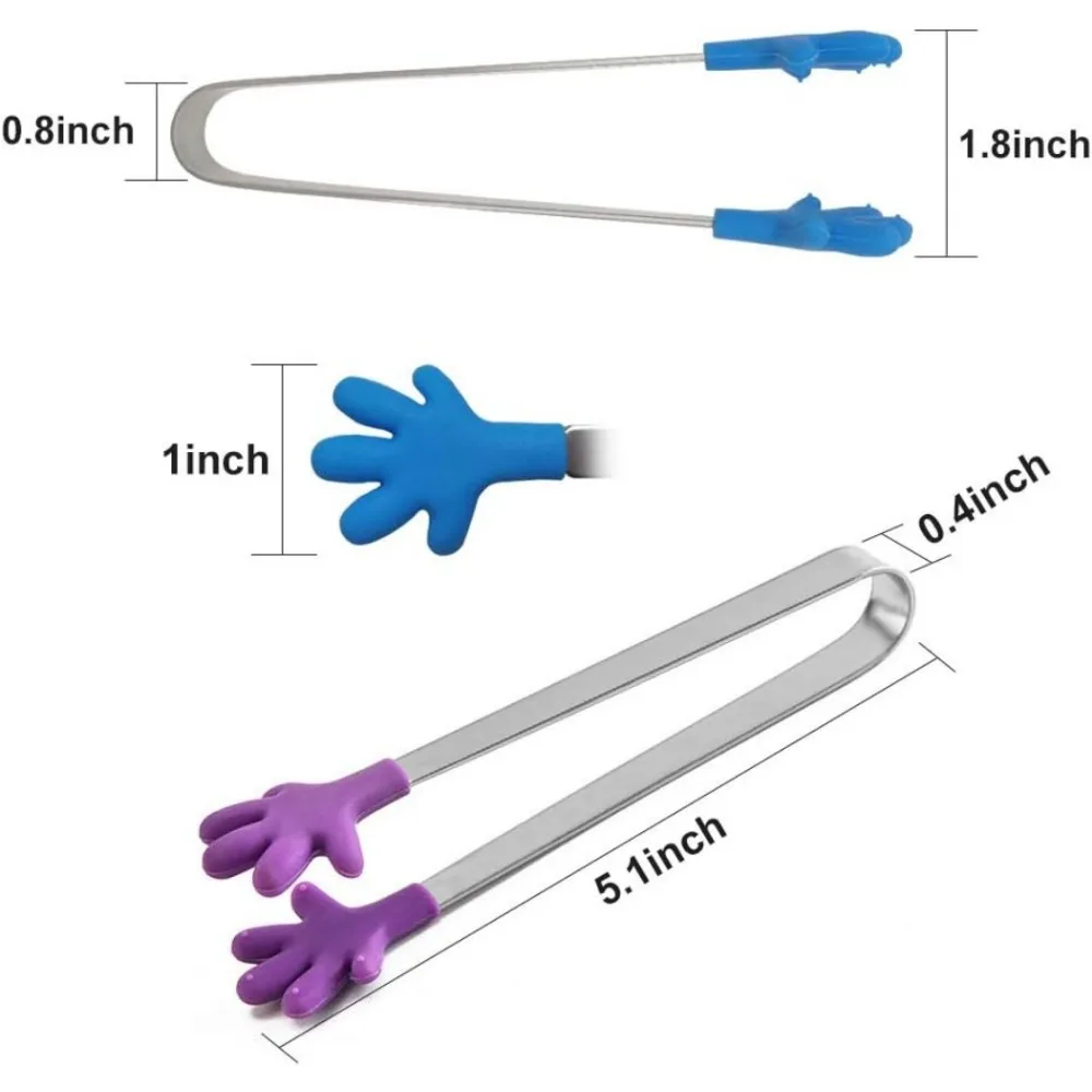 8PCS Silicone Mini Tongs 5Inch Hand Shape Food Tongs Colourful Small Kids Tongs for Serving Food, Ice Cube, fruits, Barbecue