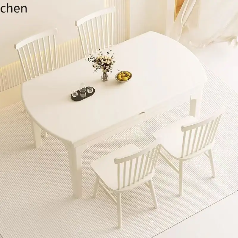 HT Cream Style Solid Wood Dining Table and Chair Set Foldable  Extendable Dining Table