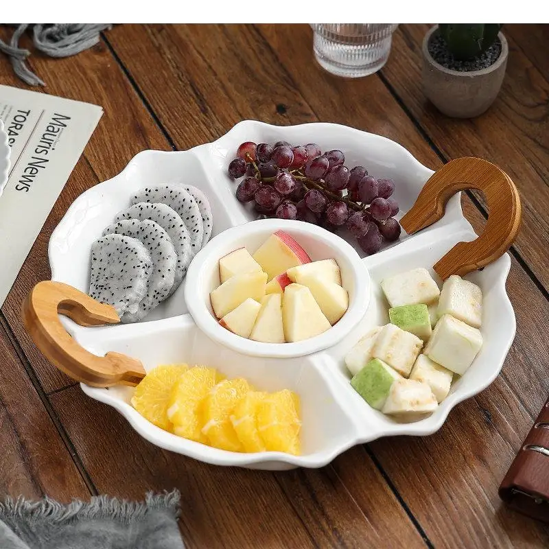 Premium Ceramic Serving Snack Platter Multi Grid Fruit Candy Tray Home Kitchen Solid Color Tableware Cake Bread Dessert Plates