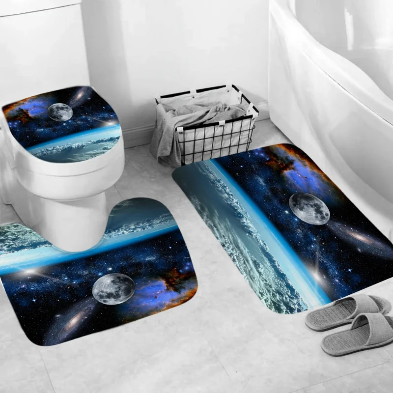 1/4PCs galaxy printed shower set, waterproof curtain with hooks, u-, toilet cover, L-shaped mat, Bath