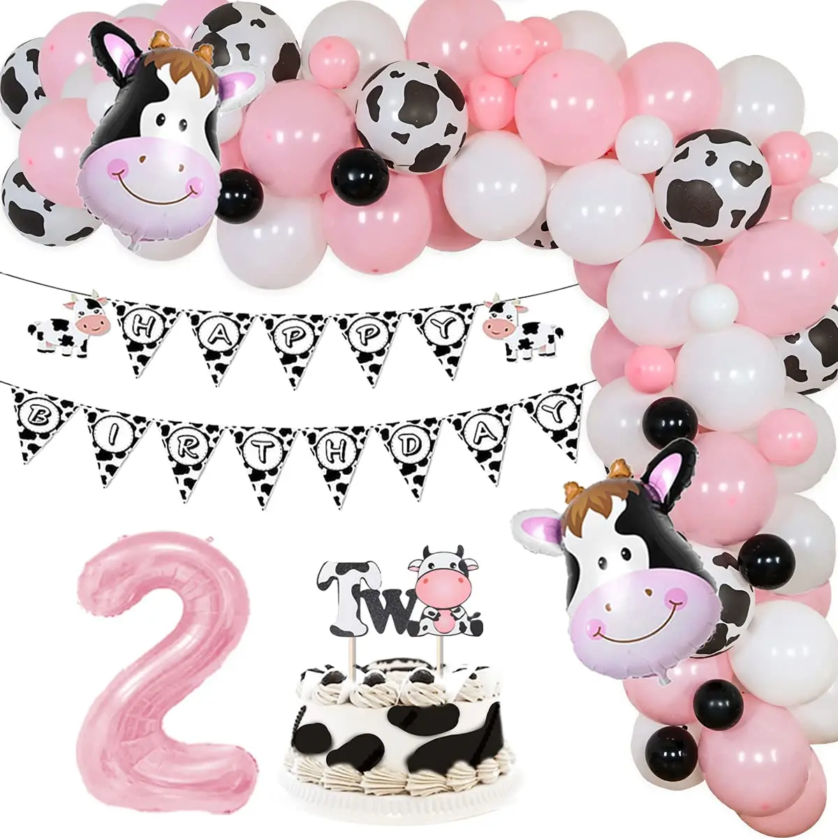 

JOYMEMO Cow 2nd Birthday Party Decorations Girls Farm Animal Balloon Garland Kit Happy Birthday Banner Cow Themed Cake Toppers