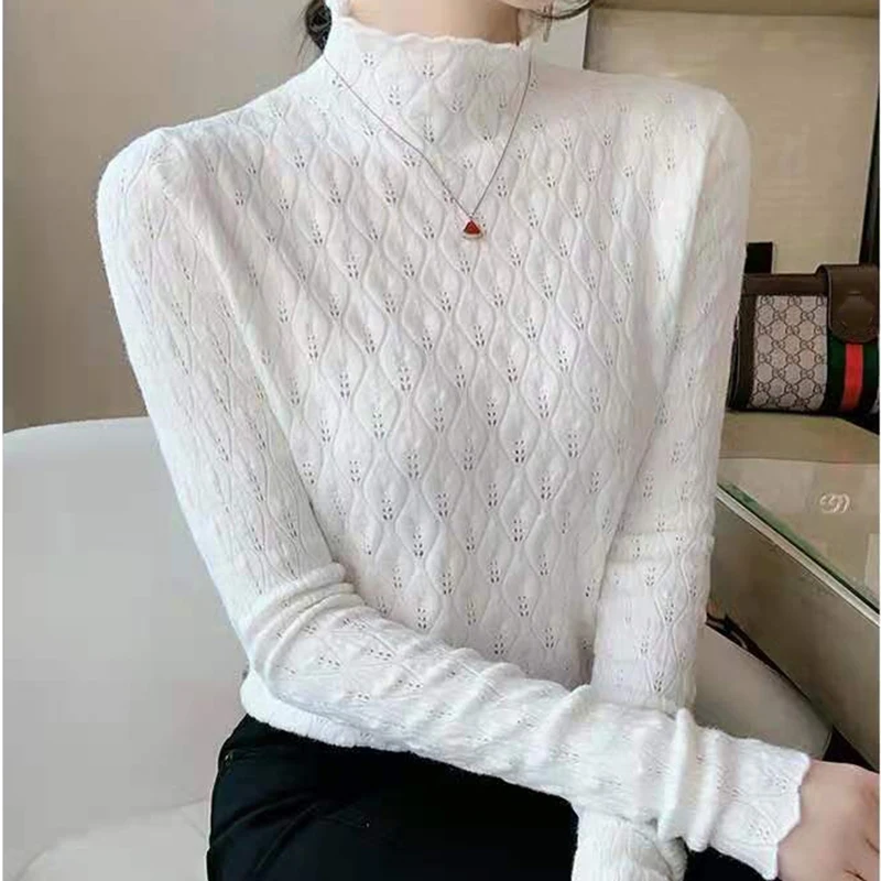 

2024 Autumn Winter Hollow Out Soft Slim Sweater Women Half High Collar Long Sleeve Tops Knitted Sweaters Pullovers Pull Femme