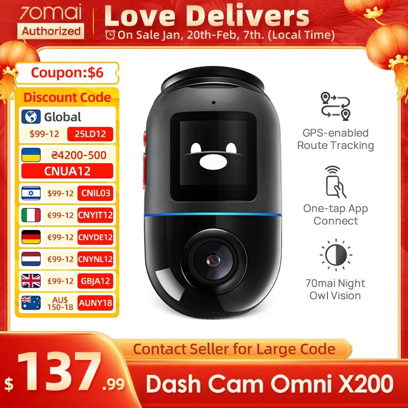 70mai Dash Cam Omni X200 360° Full View Design AI Motion Detection Car DVR Built-in GPS ADAS 24H Parking Monitor eMMC Storage