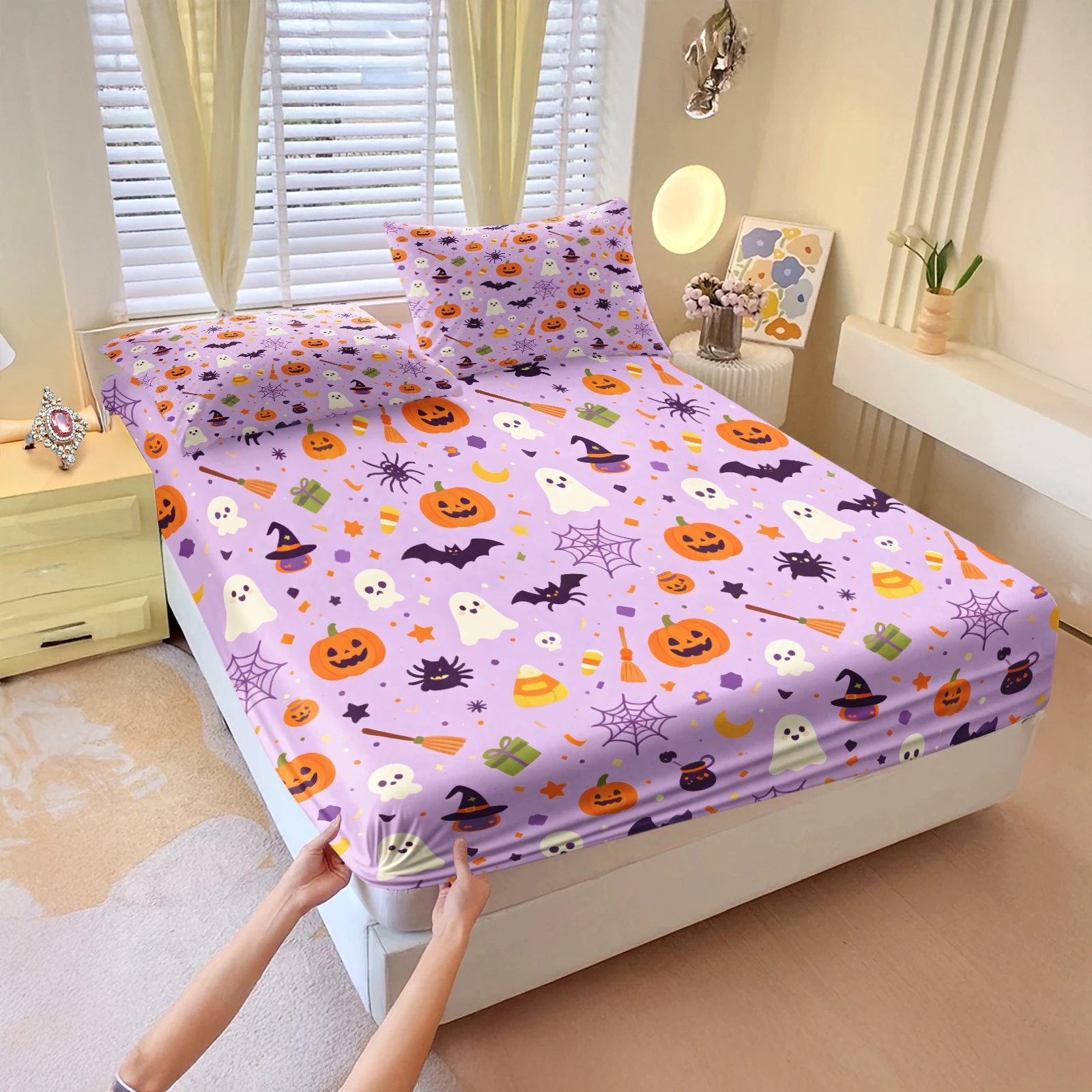 Purple Halloween Fitted Sheet Set Pumpkin Ghost Bat Spider Print Deep Pocket Mattress Cover with Pillowcases Holiday Bedding