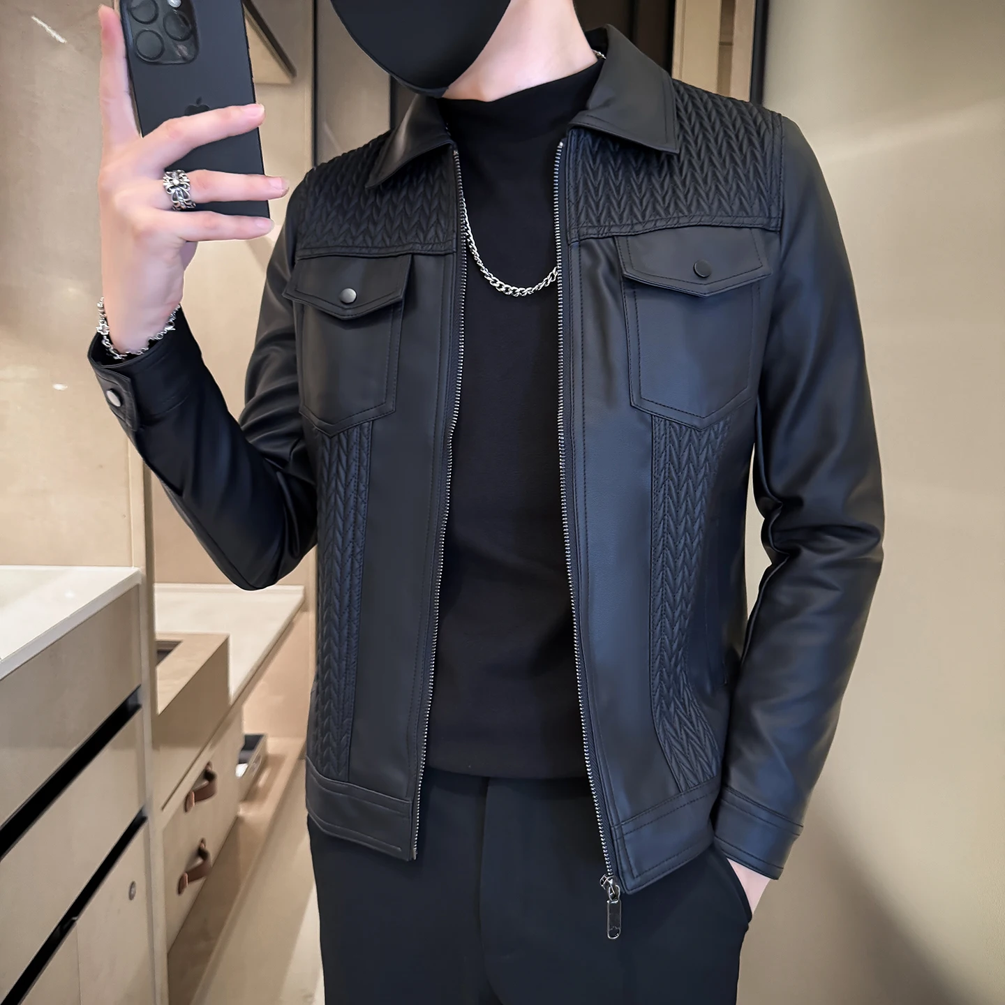 

ort Men's Leather Jaet Spring Autumn Trendy Brand Youth Vitali Sle Wheat Spike Splicing Design PU Material