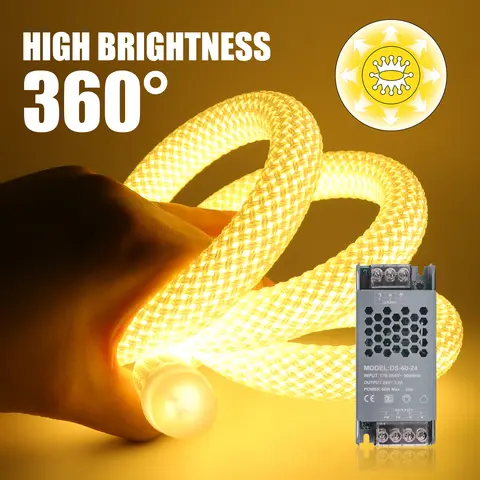 5M Neon Strip 360° Round Reticulate Pattern LED Tube Ribbon Lamp 12V 24V High Density Flexible Tape Rope Warm Nature Cool White