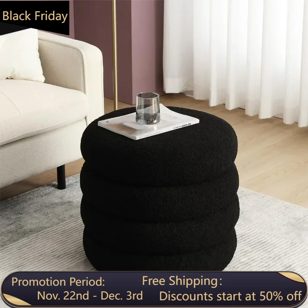 Sherpa Storage Ottoman, Foot Rest Stool Seat for Living Room, Black Vanity Foot Pouf, Tufted Footstool with Removable Lid for