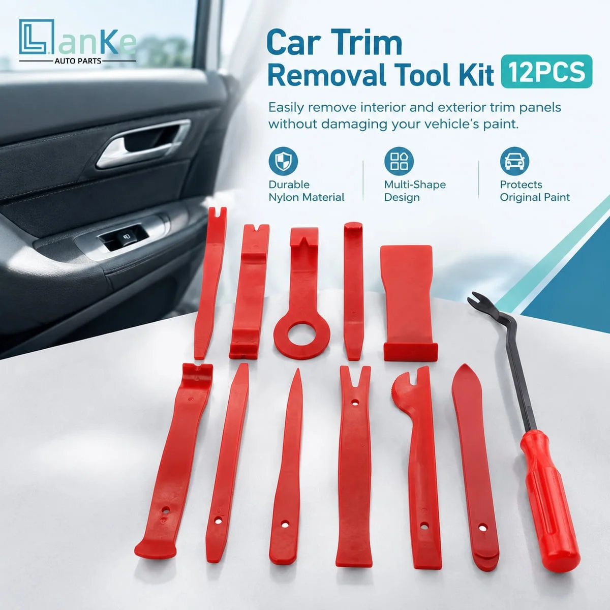 LANKE Car Trim Removal Tool Kit 12PCS Nylon Auto Panel Dash Audio Bumper Pry Tools For Interior Clip Repair Installation