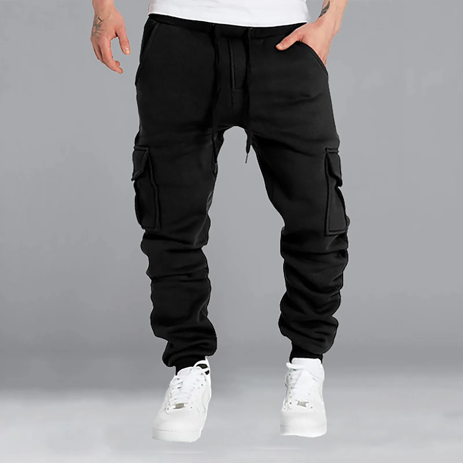 

Men Harajuku Joggers Men Clothing Trousers Casual Solid Color Pockets Waist Drawstring Ankle Sports Tied Skinny Cargo Pants