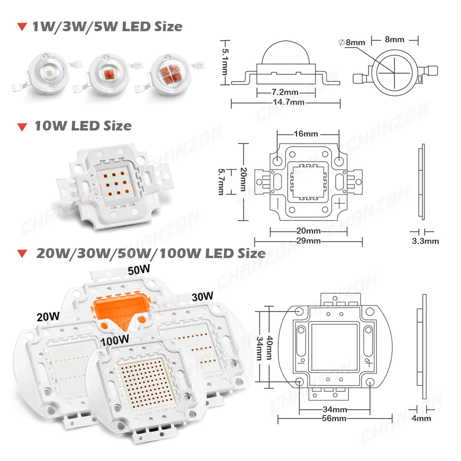 Hochleistungs-LED-Chip-Lampe, 440 Nm, 660 Nm, tiefrot, Königsblau, Vollspektrum, 1 W, 3 W, 5 W, 10 W, 20 W, 30 W, 50 W, 100 W,