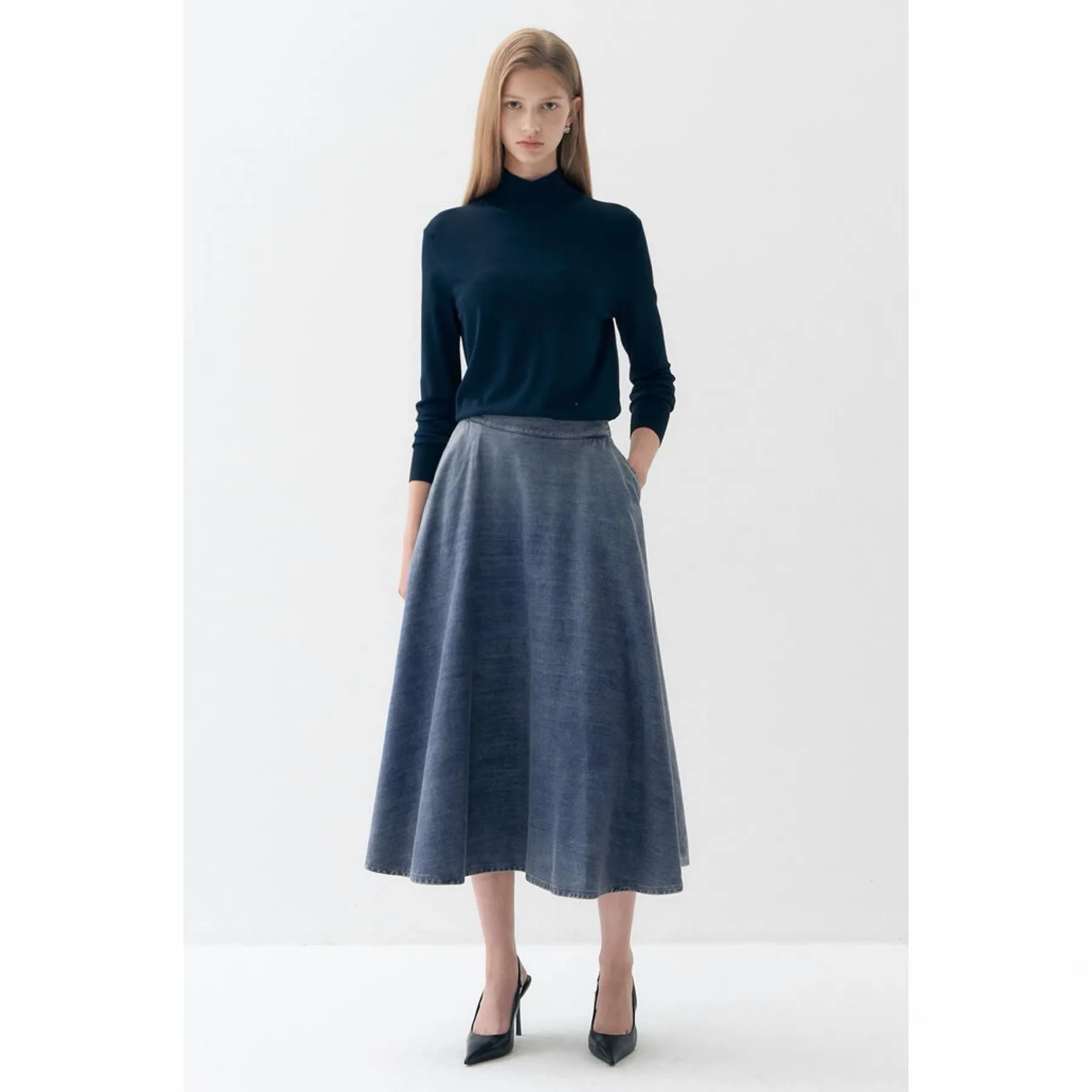 Retro Elegant Commuter Denim Skirt Large Swing Half-length 100 Cotton Versatile Casual Style Autumn Fashion Women's Skirt