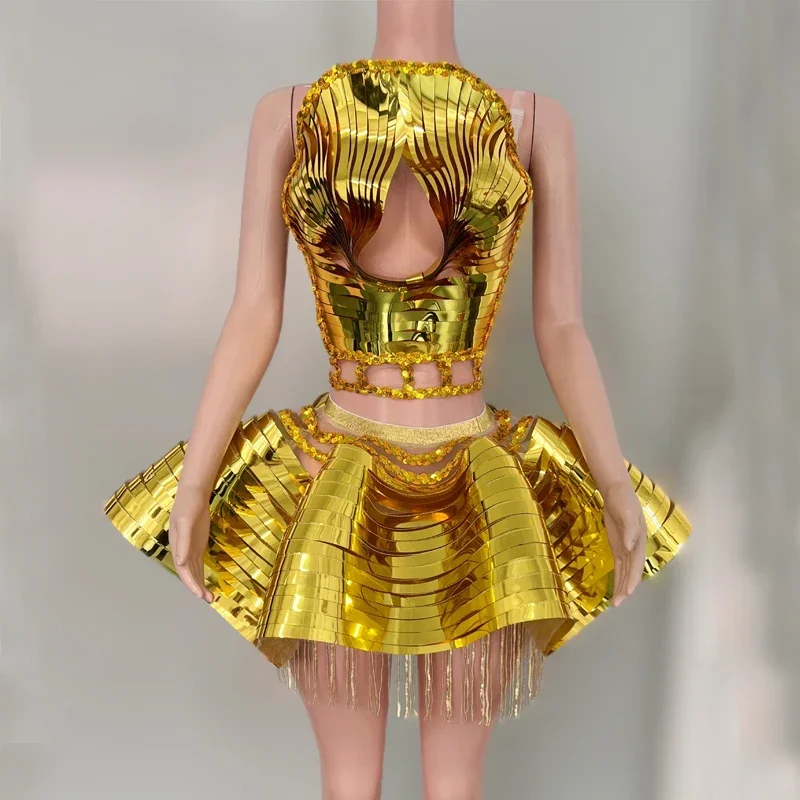 

Gold Mirrors Party Outfit Bar Nightclub Dj Ds Pole Dance Dresses Women Sexy Gogo Dancer Costume Stage Festival Wear