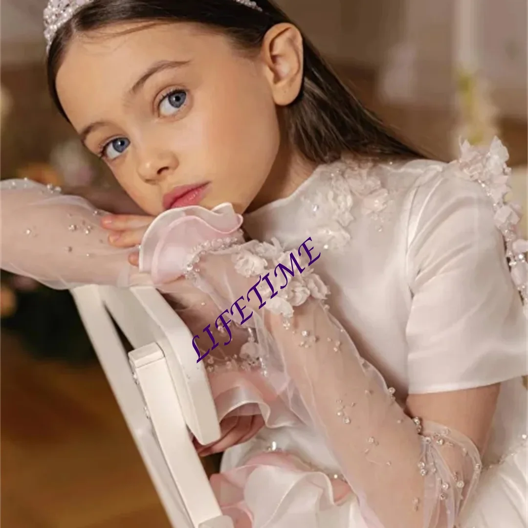 تخصيص الرقبة العالية الطية الكلاسيكية حفل زفاف رسمي زهرة فتاة فستان قصير الأكمام زهرة زين ألف خط التواصل الأول Gow #5