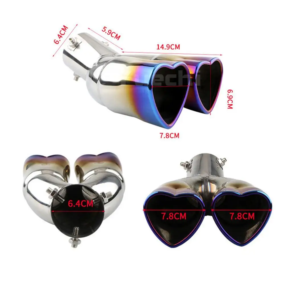 1pcs Heart-shaped Car Exhaust Tail Pipe Muffler Stainless Steel Double-row Outlet Muffler Tip Pipe Tail Throat Universal