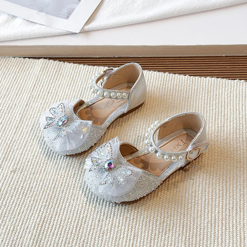 Chic Girls Dress Shoes for Wedding Party Bling Sequins with Rhinestone Butterfly Sweet Princess Chic Kids Flat Shoes Lace Beaded