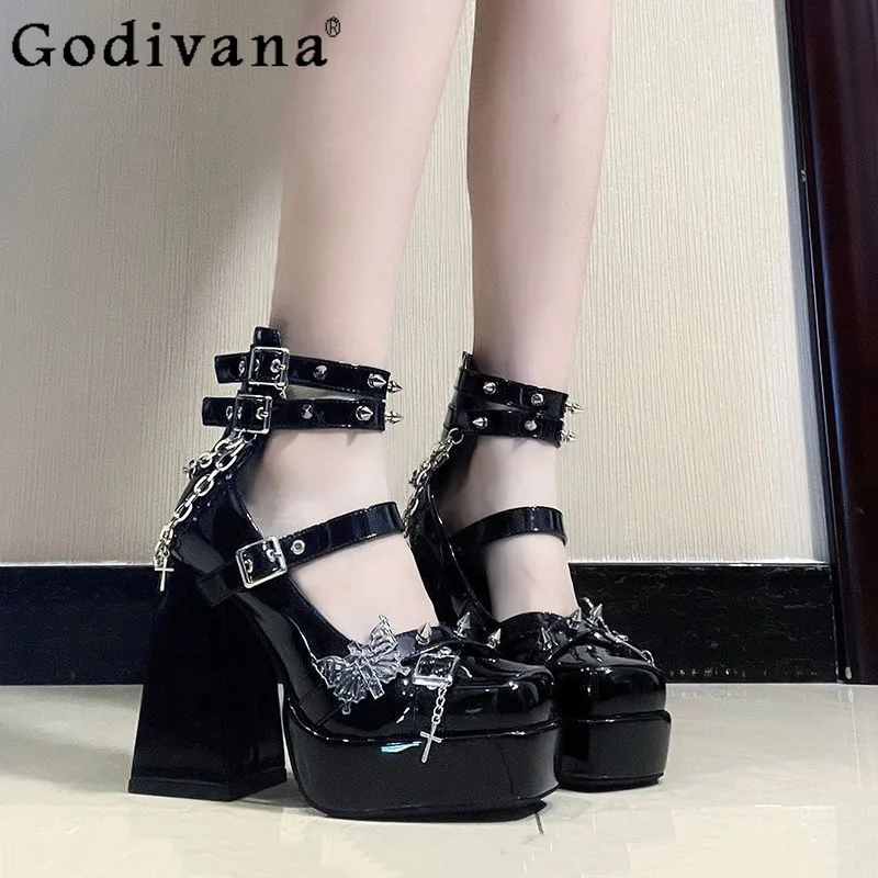 

Lolita High Heels Women Lolita Shoes Y2K Punk Subculture JK Leather Shoes Female Summer Versatile Single Black Shoes