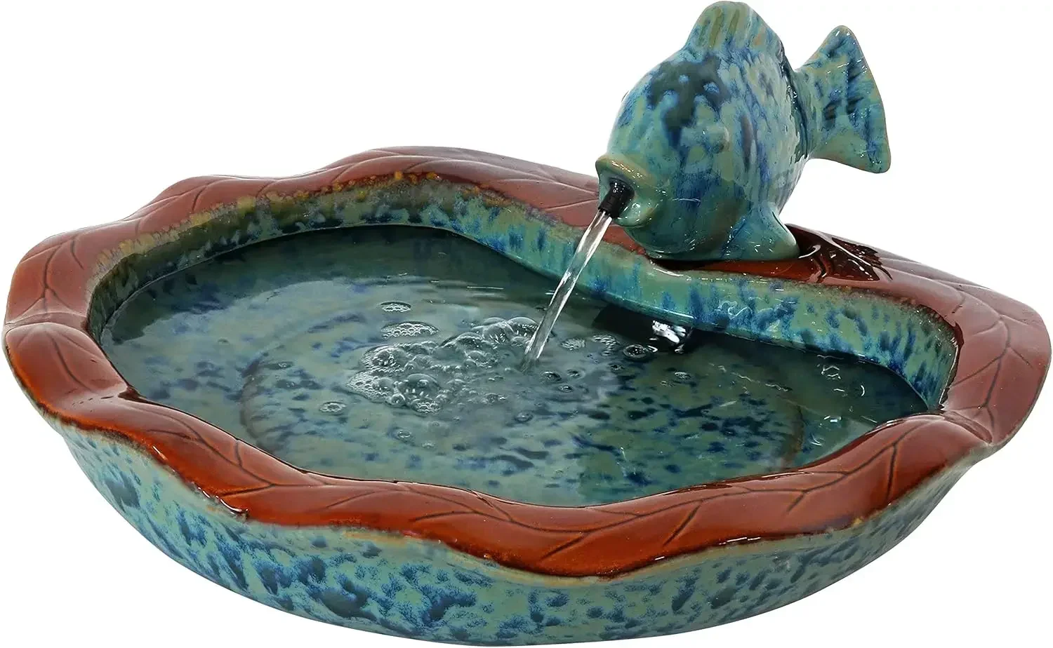 Sunnydaze Glazed Ceramic Fish 7 Inch Outdoor Garden Fountain Outdoor Tabletop Fountain for Patio Deck Garden Aqua and Brown