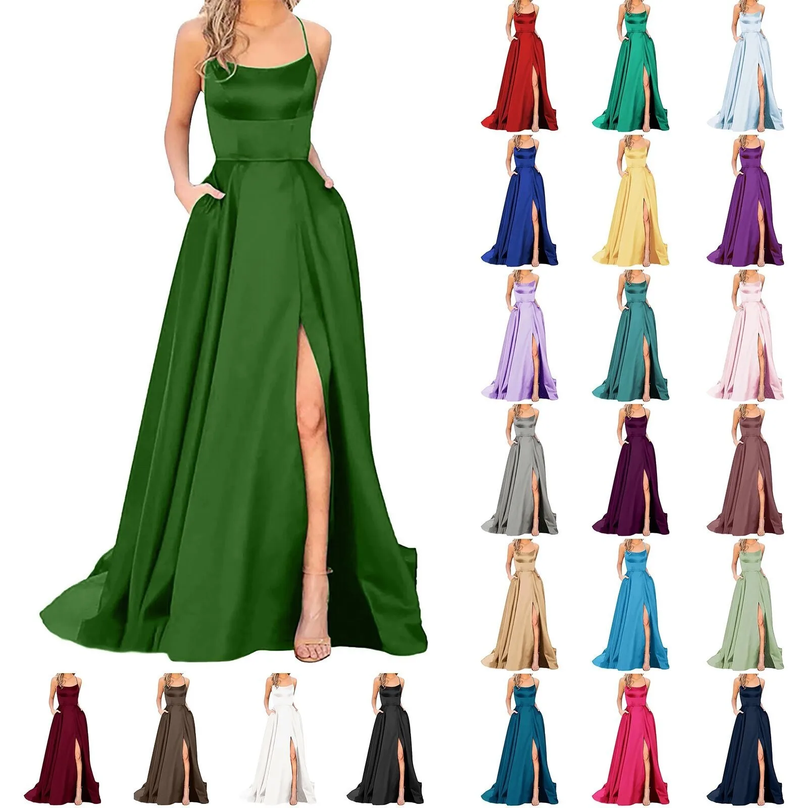 Sexy Spaghetti Strap Evening Stain Dress Fashion Red Big Swing Front Slit Party Prom Dress Elegant Wedding Dresses Balls Gown