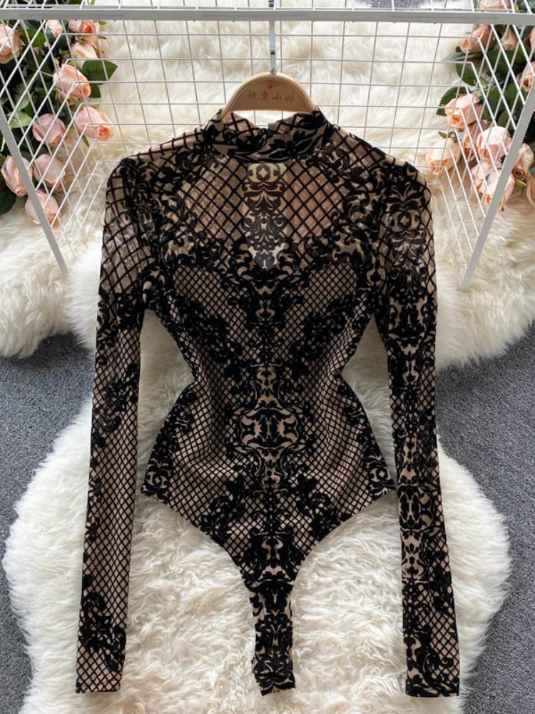 

Spring Autumn Leopard Print Jumpsuit Women Vintage Long Sleeved Mesh Slim Embroidered Sexy Bodysuits Elegant Club Party Romper