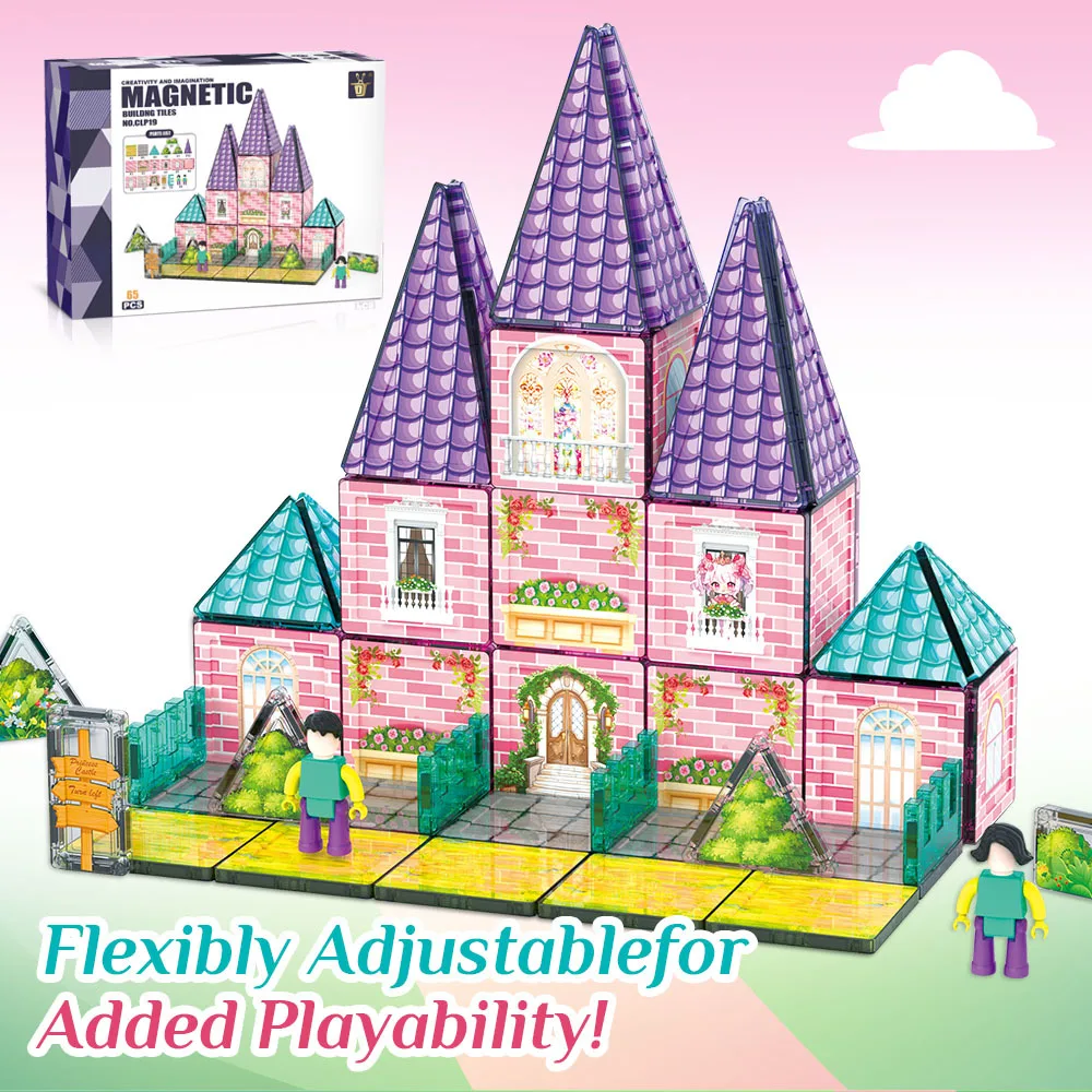 65Pcs 7.5cm Clear Color Window Magnetic Tiles, Castle & Traffic Building Blocks, Educational Magnetic Construction Gift