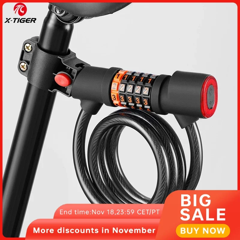 X-TIGER Bicycle Lock Combination Lock With Tail Light Anti-theft Lock Multifunctional Cable Lock Bicycle MTB Bicycle Accessories