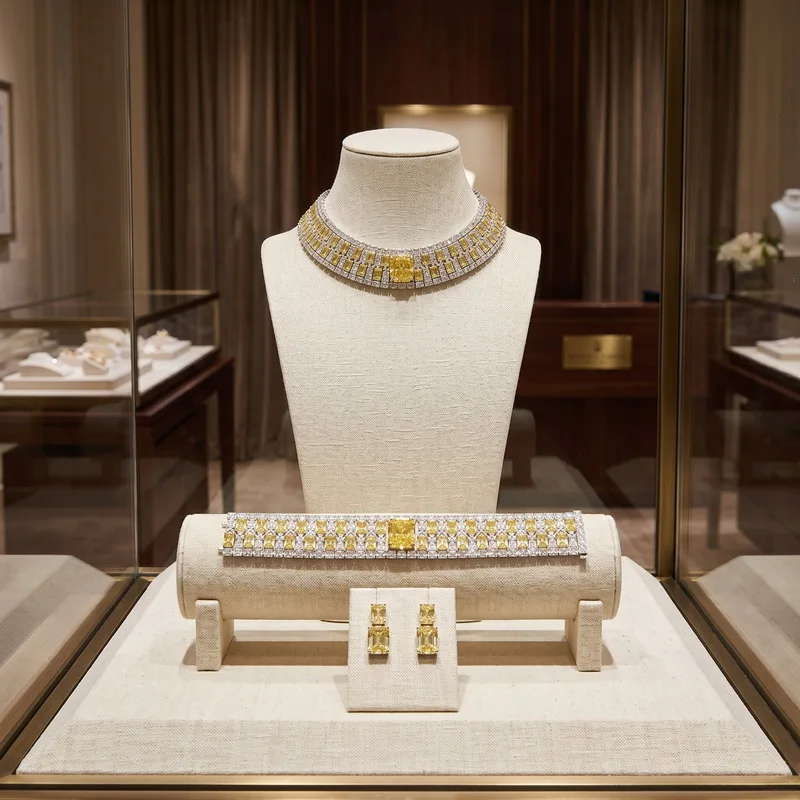 Magnificent Style Earrings Bracelet Necklace Women Inlay Yellow Pink Cubic Zircon Square Ice Flower Cut Wide Chain Jewelry Sets