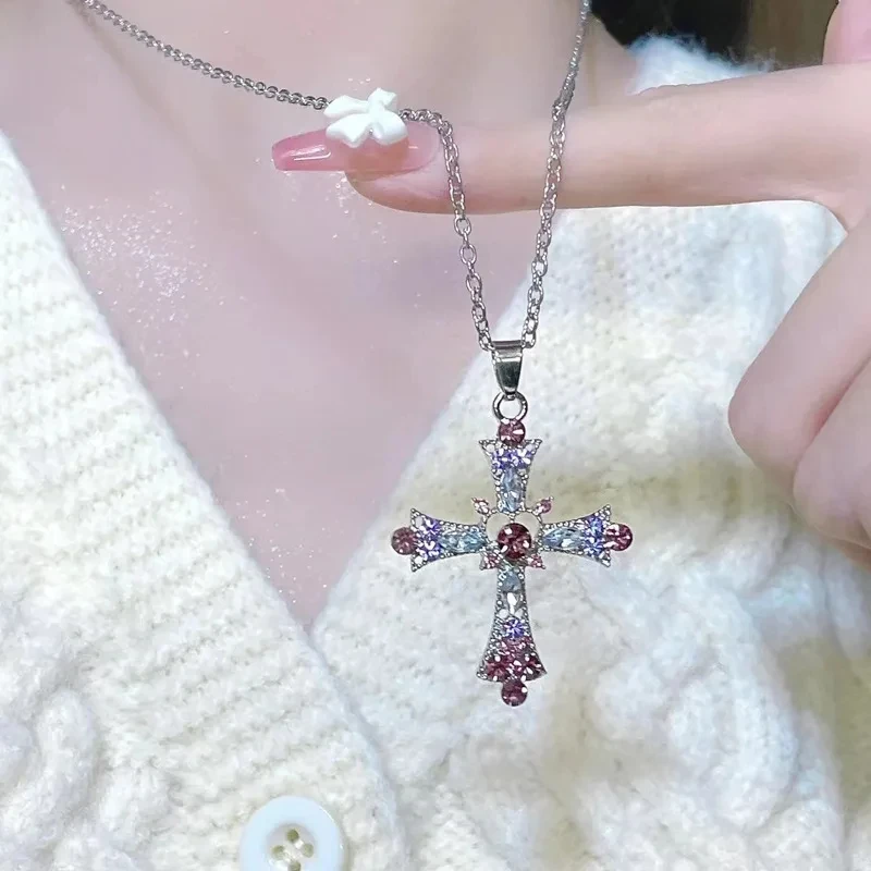 Y2K Bling Pink Zircon Cross Pendent Necklace For Women Gothic Love Heart Cross Charm Choker Necklace Jewelry Party Girls Gift