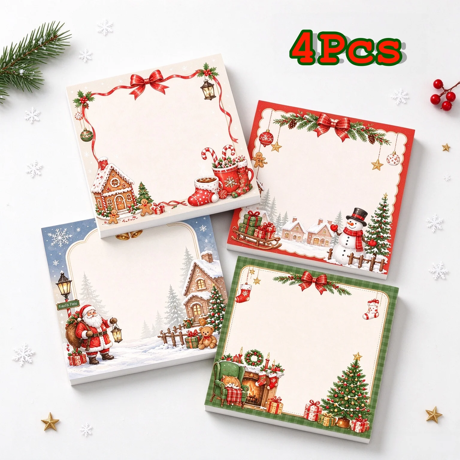 4Pcs Christmas Sticky Notes Square Memo Pads Snowman Santa Snowy Cottage Tree Designs Journaling Planner Reminders Holiday Gifts