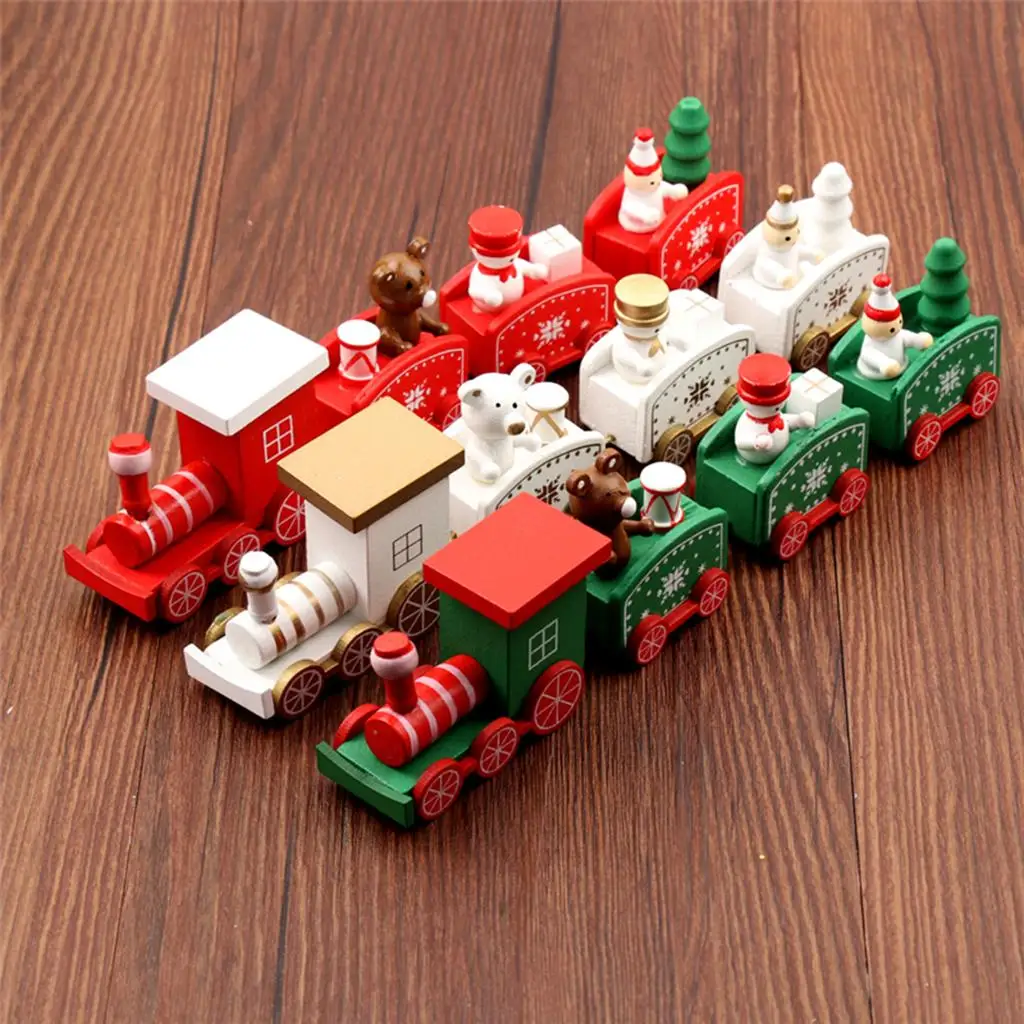 Christmas Wooden Train Set Mini Wood Toy Ornaments Christmas Decoration for Kids Party Home
