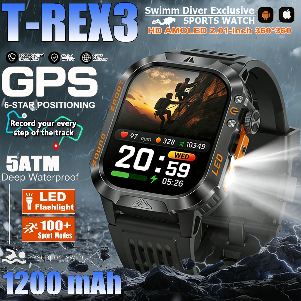 

Новые смарт-часы T-Rex 3 2026 года военного класса с GPS-позиционированием для мужчин, компас, Bluetooth-вызовы, 1200 мАч, 100+ видов спорта