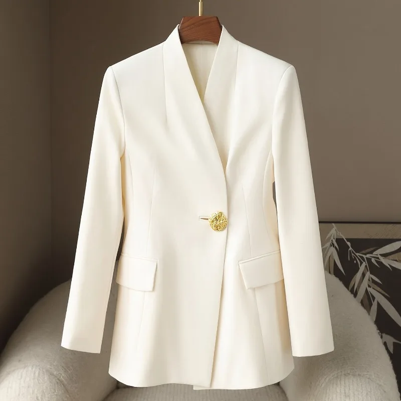 Wool-blend suit women's single-button slim-fitting small stand-up collar top
