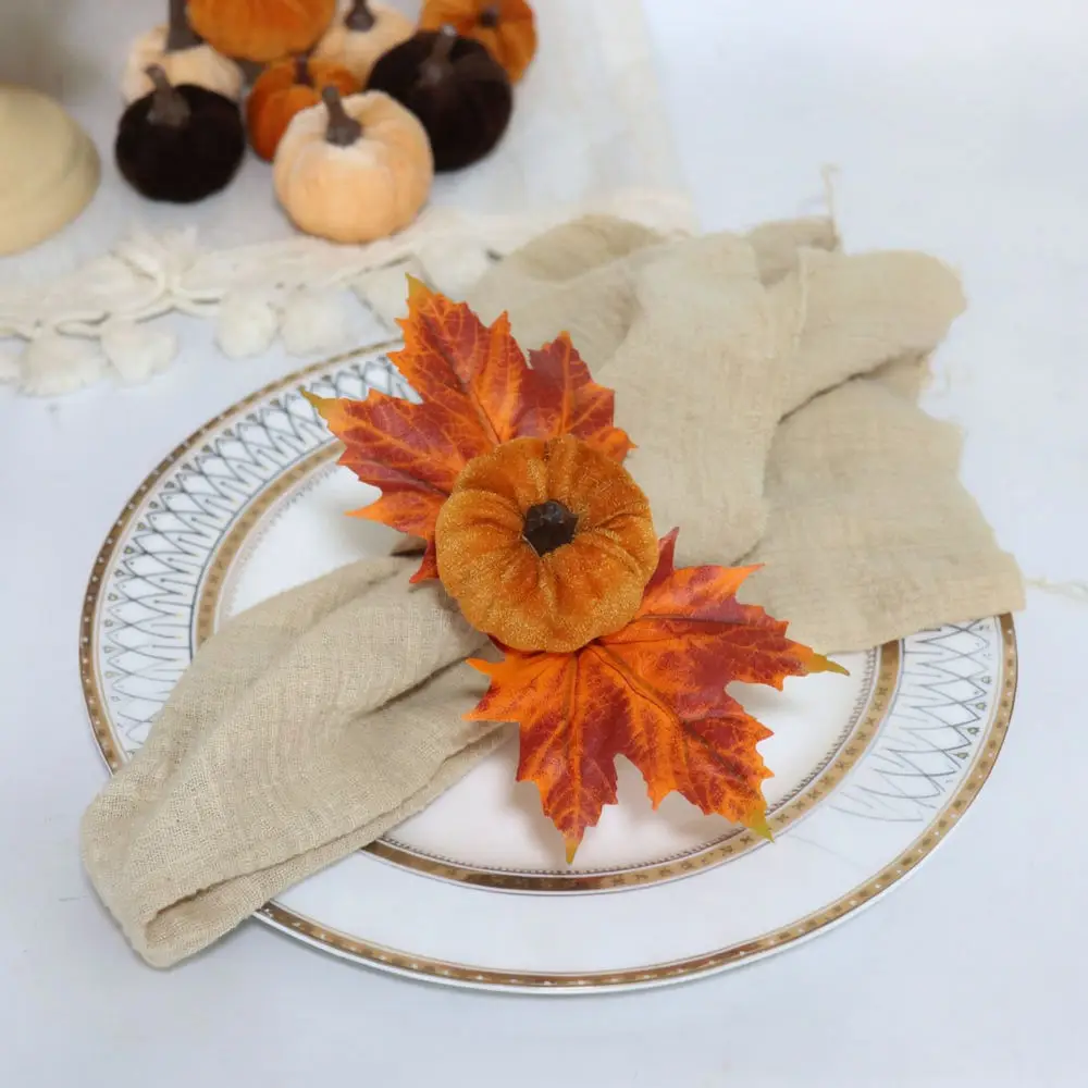 Velvet Pumpkin Napkin Buckles Maple Leaf Design Table Ornament For Thanksgiving Holiday Home Kitchen Wedding Banquet