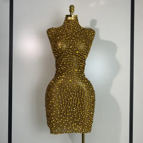 Women Luxury Gold Rhinestone Sexy Mesh Short Dress Sparkly Stage Costume Elegant Party Birthday  Dresses Nightclub Singer Outf