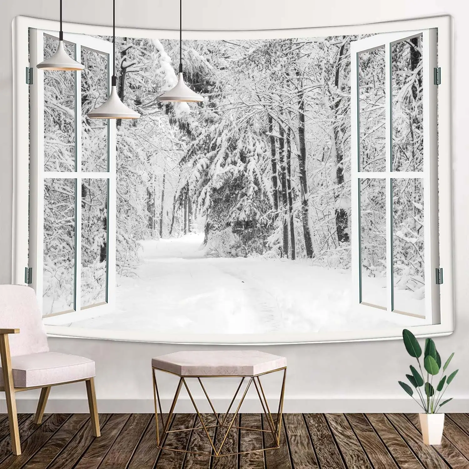 Christmas Winter Tapestry Nature Landscape Aesthetic Tapestry Snowy Forest Tree Snowflake Window Tapestries Wall Hanging Women