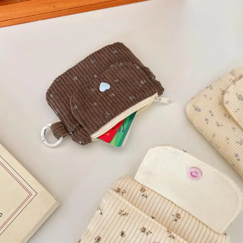 Cute Corduroy Coin Purse Practical Floral Print Heart Snap Button Mini Change Holder for Women Home Outdoor Travel Storage Use