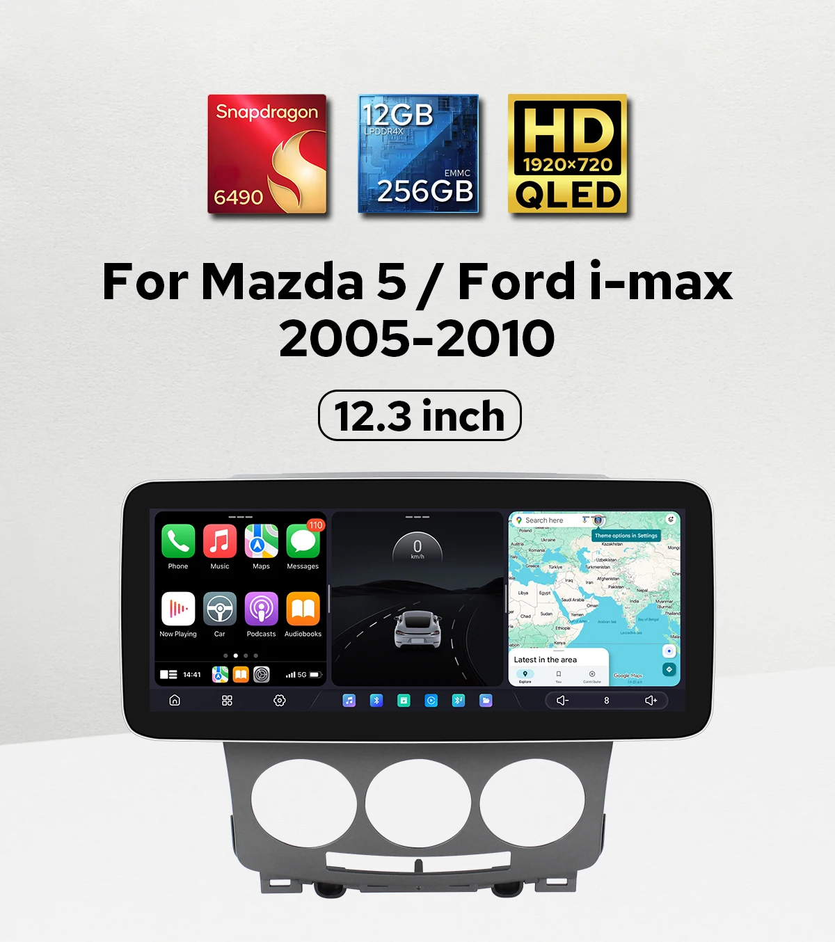 Premium 12.3''QLED 1920×720 Wide Screen Android Car Multimedia System for Mazda 5 2005-2010/For Ford i-Max 2005-2010 GPS Navi