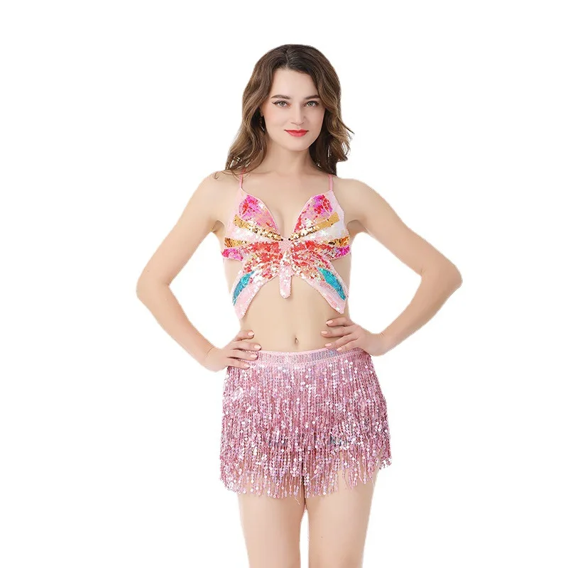 Vestido de danza del vientre para actuación en escenario, conjunto de cinturón, ropa india para mujer, falda gitana, borla de lentejuelas, traje de baile en Barra de Jazz