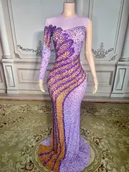 Sparkly Rhinestones Evening Prom Party Birthday Gown Long Dress for Women Sexy Mesh Performance Costume Singer Show Stage Wear
